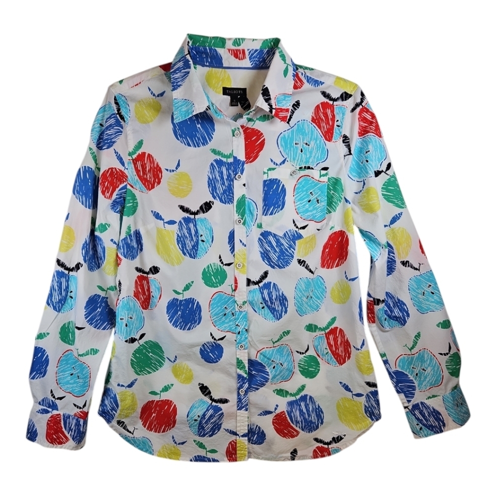 Talbots Apple Print Tab Sleeve Button Down Long Sleeve Teacher Top SZ S